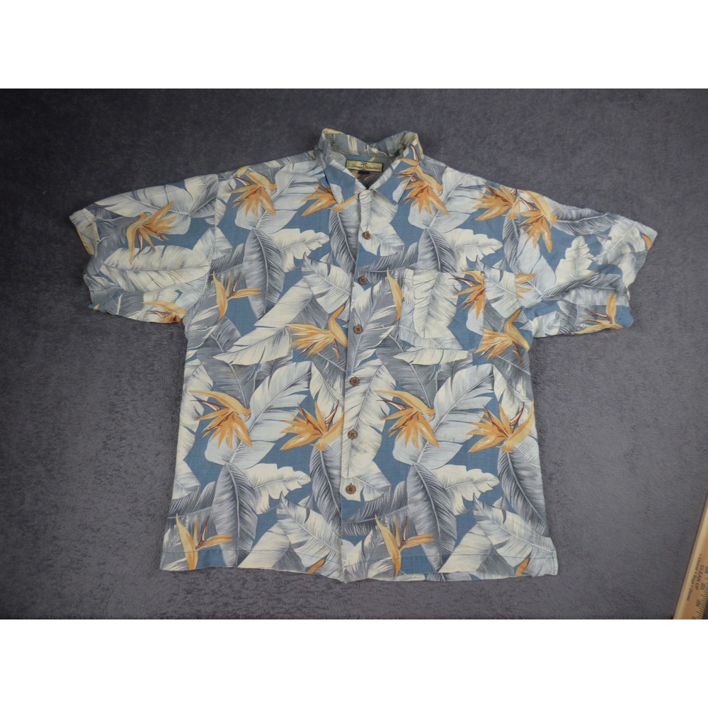 Tommy Bahama Mens Large Silk Bird of Paradise Palm Leaf Tropical Camp Shirt Blue